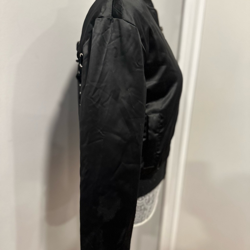 Women’s Seek Sz: S black satin bomber jacket corset-style lace-up back. - Picture 3 of 10